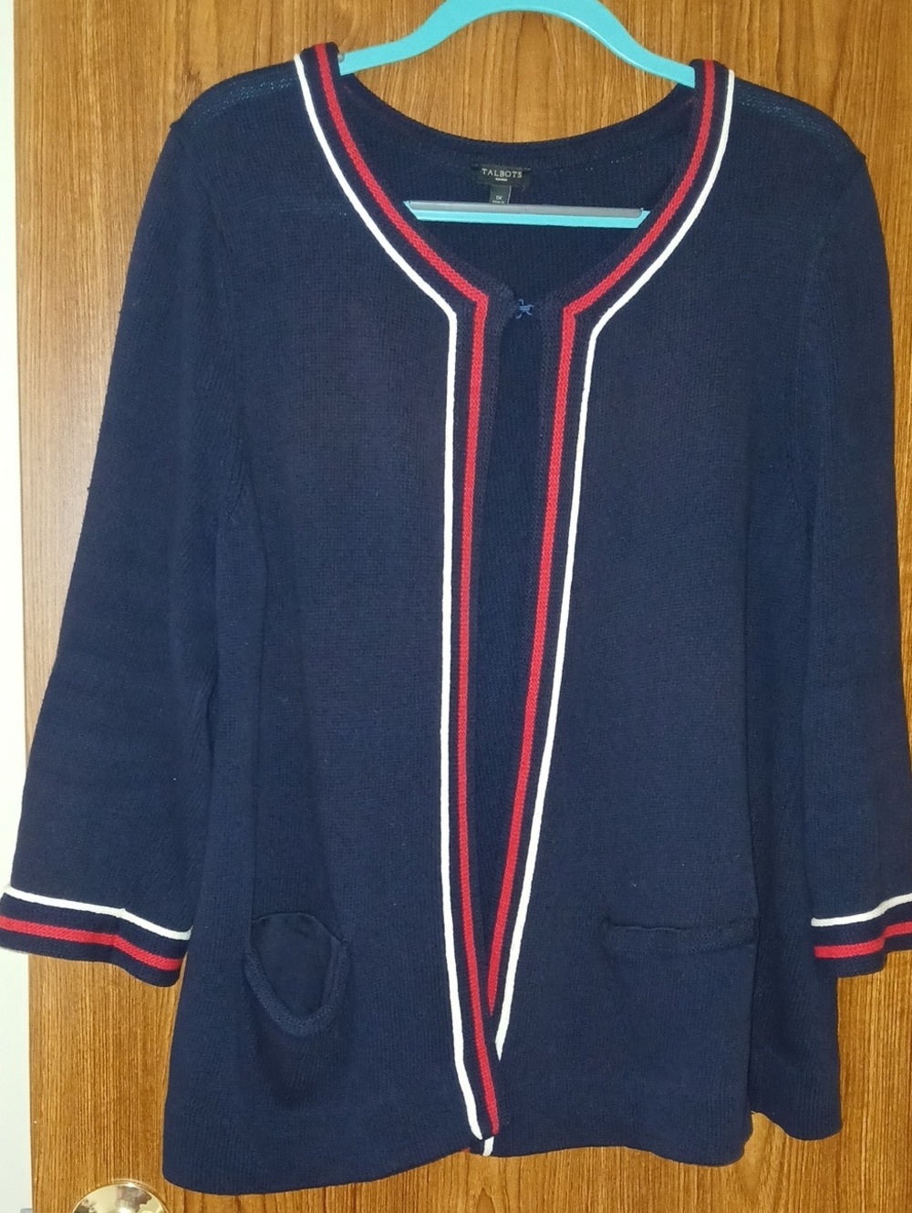Talbots Navy Open-Front Cardigan with Red & White Trim